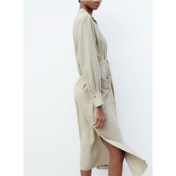 NWT Zara Linen Blend Long Sleeve Gold Buttondown Shirt Khaki Tan Midi Dress M - Picture 9 of 14